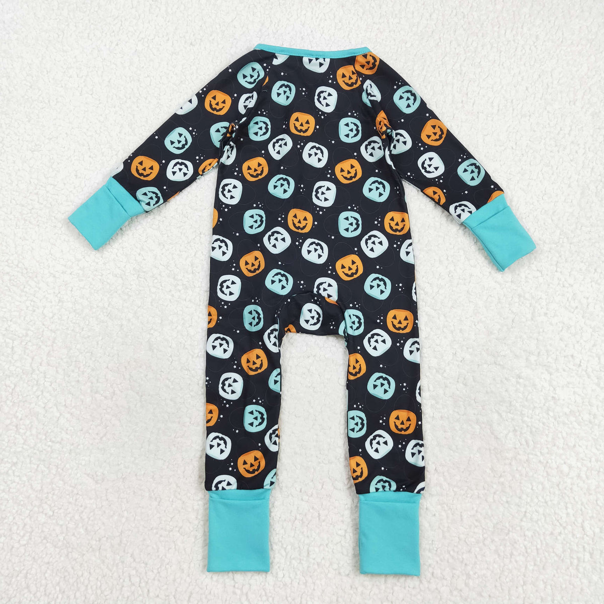 LR2465 Halloween smile pumpkin blue black zipper long sleeve boys romper