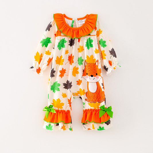 custom style Autumn leaf fox orange long sleeve girls romper