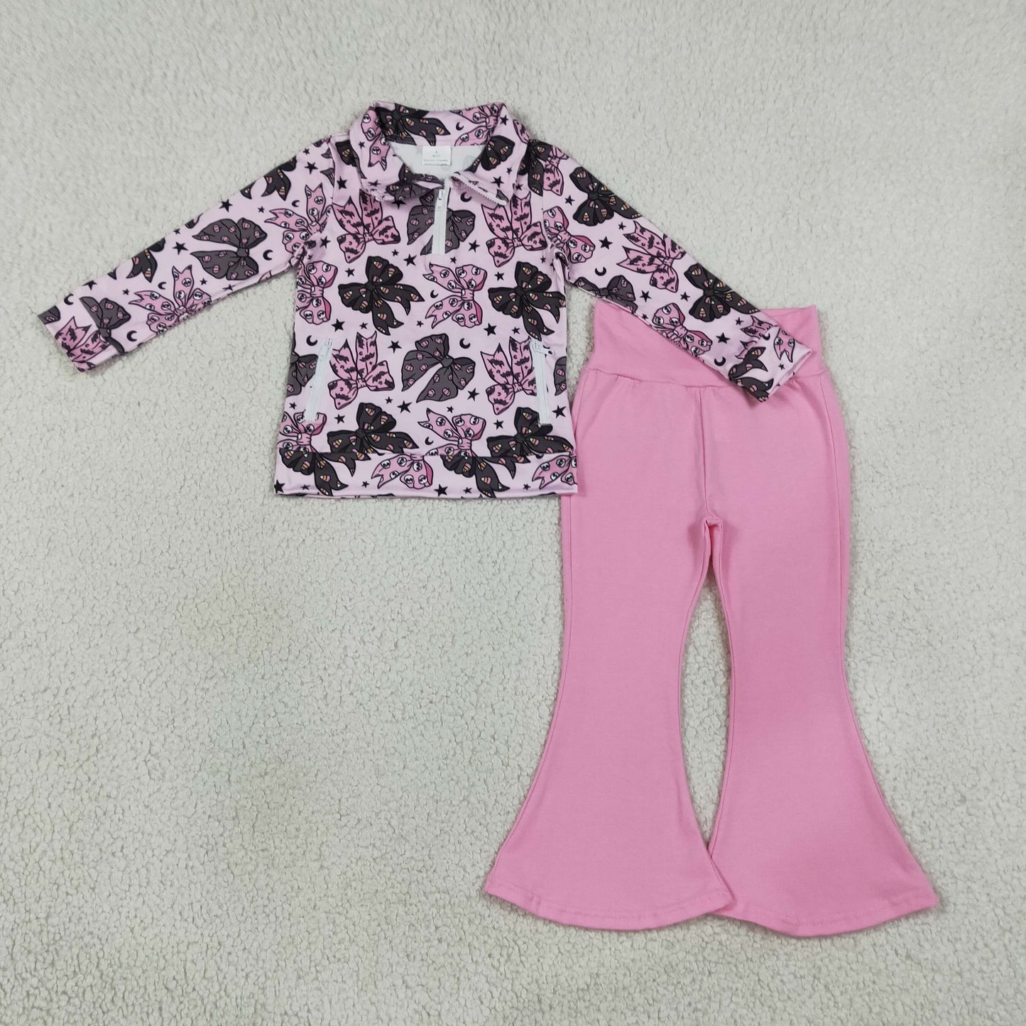 GLP3507 Halloween Bows Zipper Long Sleeve Pink Pants Girls Set