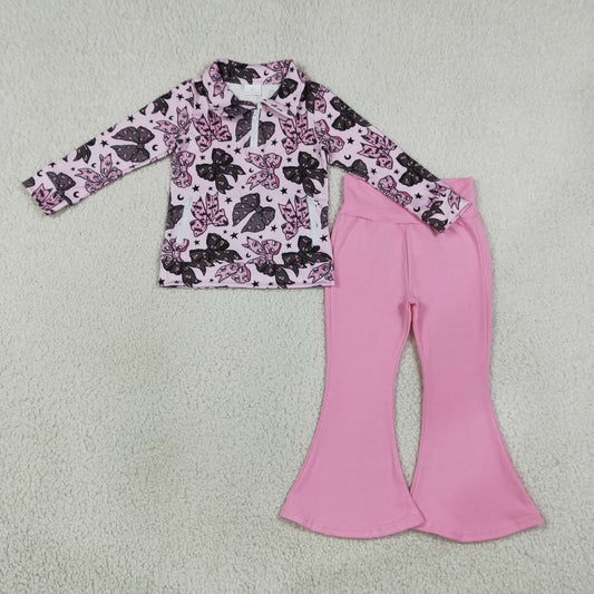 GLP3507 Halloween Bows Zipper Long Sleeve Pink Pants Girls Set