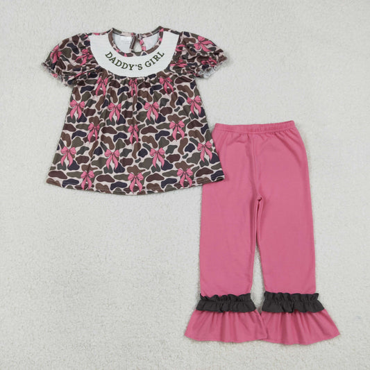 Embroidery GSPO2025 daddy's girl camo bows short sleeve pink pants girls set