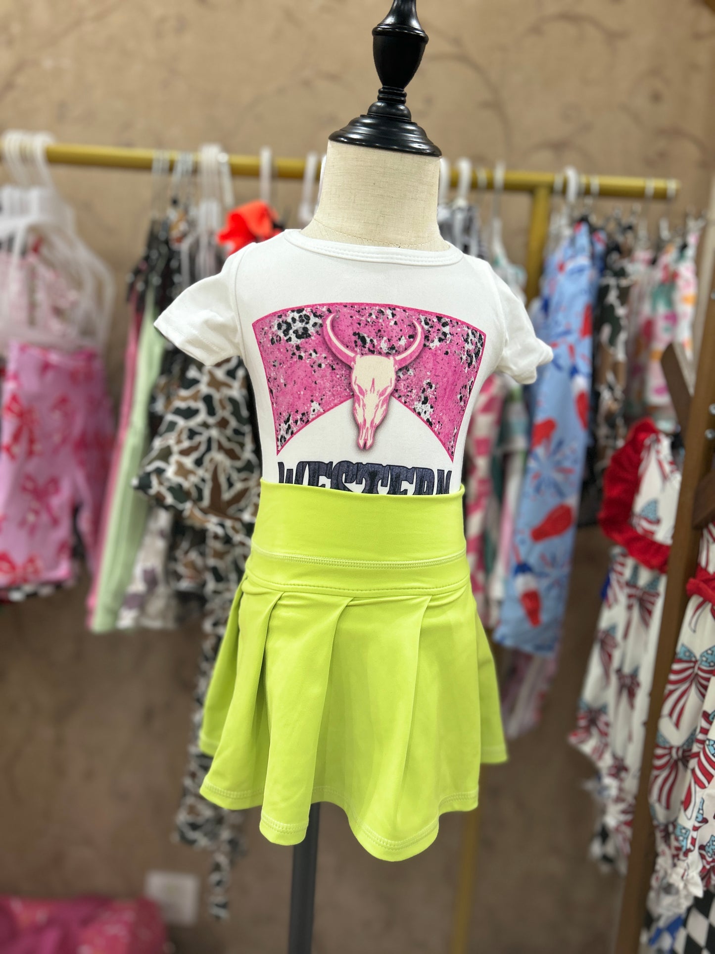 Western cow short sleeve yoga yellow skirt skort girls set