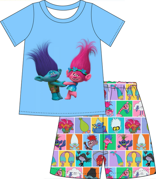 custom style cartoon long hair baby blue short sleeve shorts boys set tat 6-8 weeks