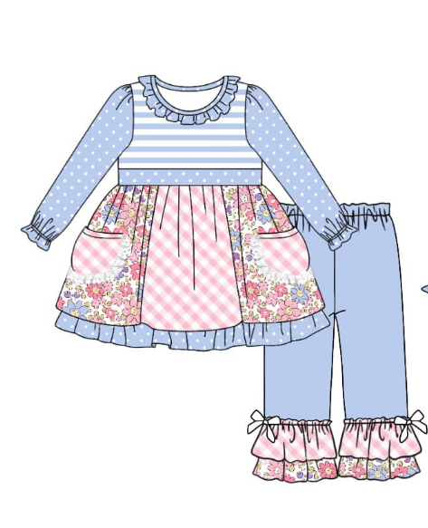 custom style colorful flowers pockets long sleeve blue pants girls set
