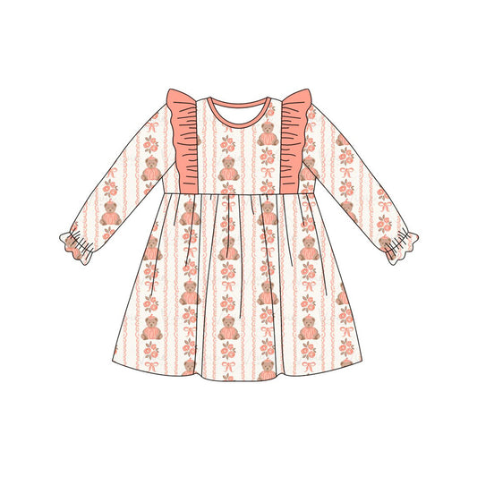 preorder GLD16340 Pumpkin Bear Flowers Long Sleeve Girls Dress