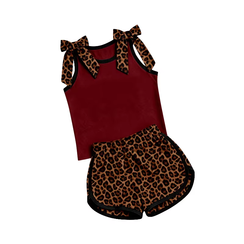 Custom Moq 3 Bows Maroon Sleeveless Leoaprd Shorts Girls Set