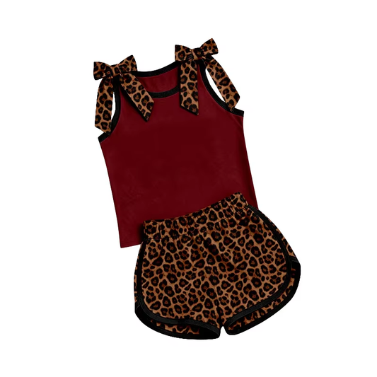 Custom Moq 3 Bows Maroon Sleeveless Leoaprd Shorts Girls Set