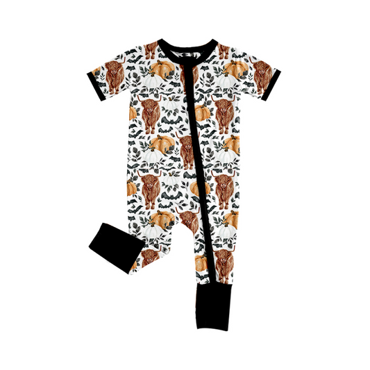 preorder SR1690 highland cow pumpkin black long sleeve zipper boys romper