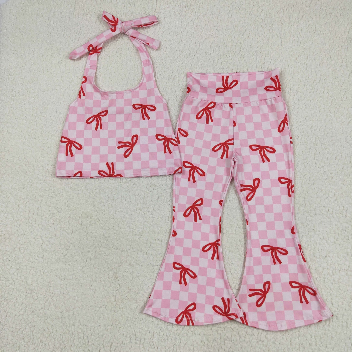 GSPO2030 pink checkered red bows straps pants girls set
