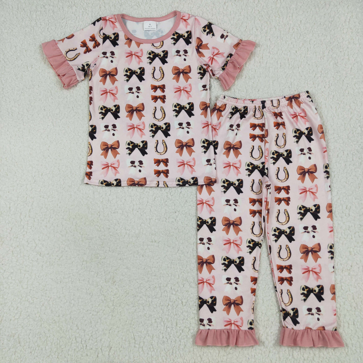 GSPO2035 Western bows pink short sleeve pants girls set