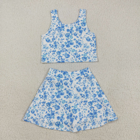GSD2787 yoga cute flowers floral sleeveless skorts skirt girls set