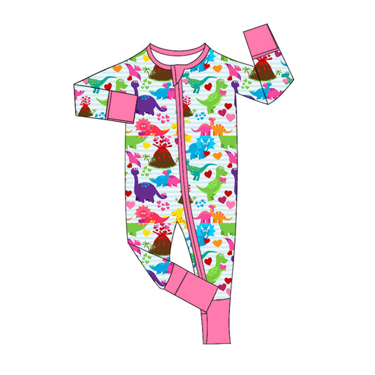 preorder LR2110 Valentine's Day heart colorful dinosaur long sleeve zipper girls romper