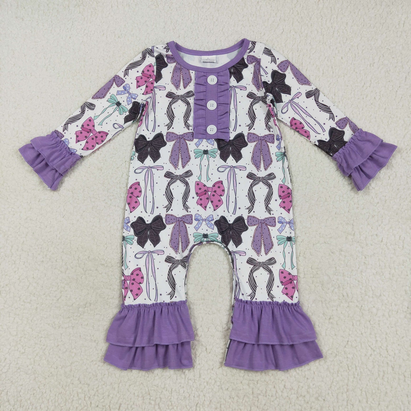 LR2355 Halloween black purple bows long sleeve girls romper