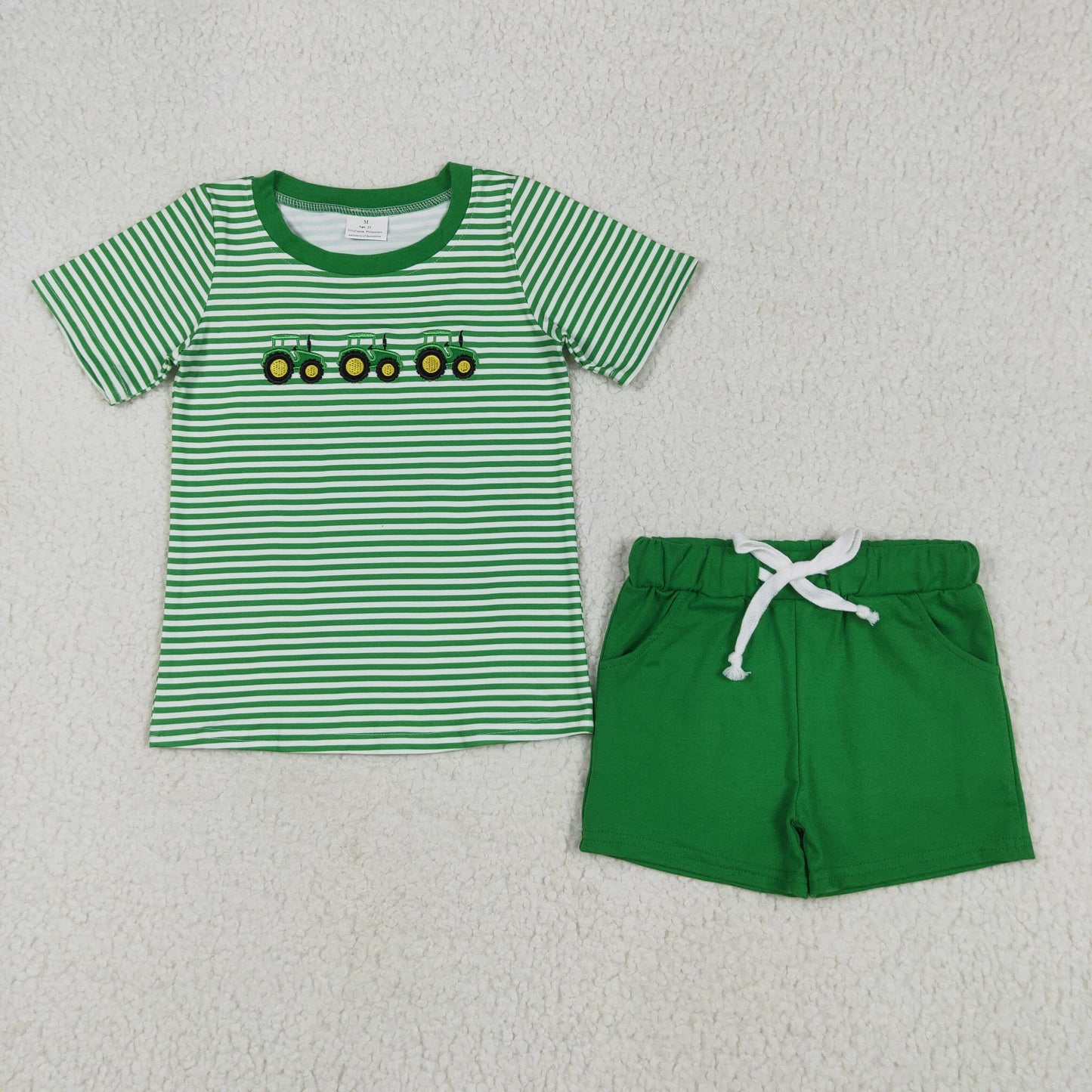 BSSO1374 embroidery farm tractor green striped short sleeve green shorts boys set