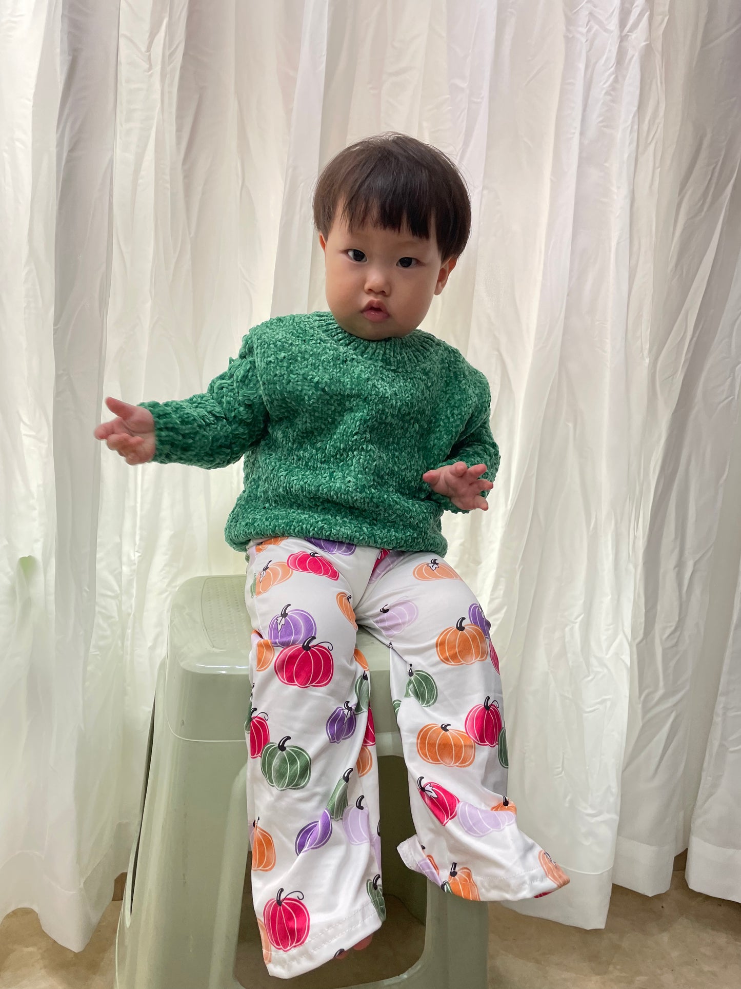 GLP0537 Green sweater long sleeve pumpkin pants girls set