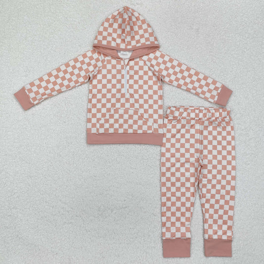 GLP1989 pink checkered hoodie long sleeve pants girls set