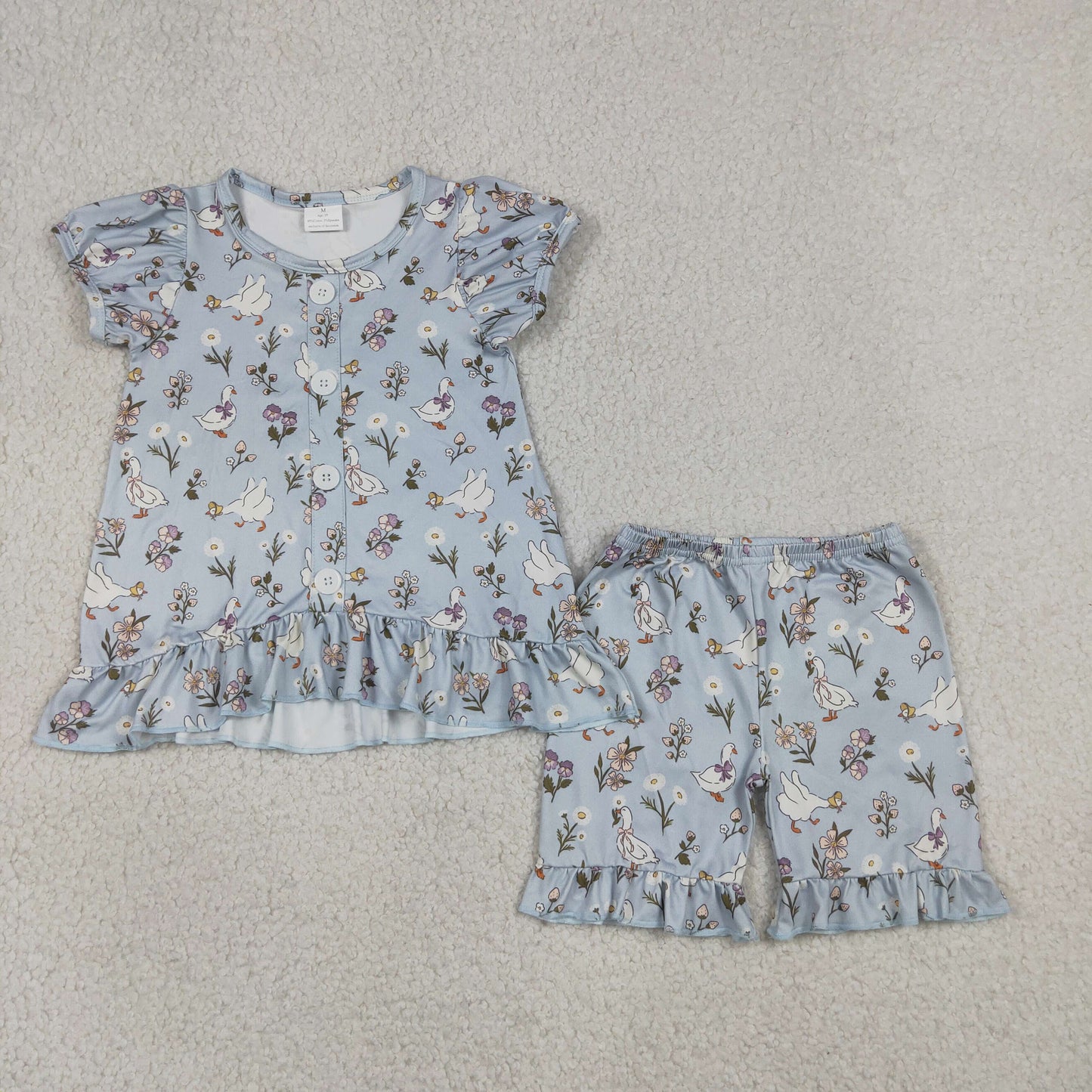 GSSO3433 Goose Flowers Blue Short Sleeve Shorts Girls Set
