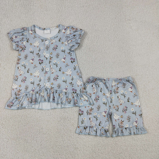 GSSO3433 Goose Flowers Blue Short Sleeve Shorts Girls Set