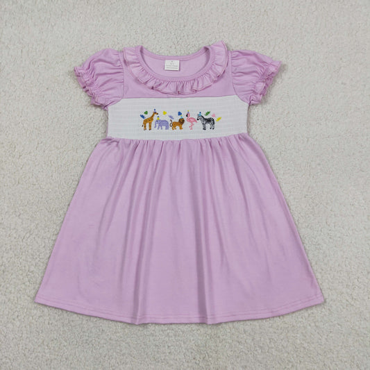 Embroidery Smocked GSD3578 Animals Elephane Zebra Pink Short Sleeve Girls Dress