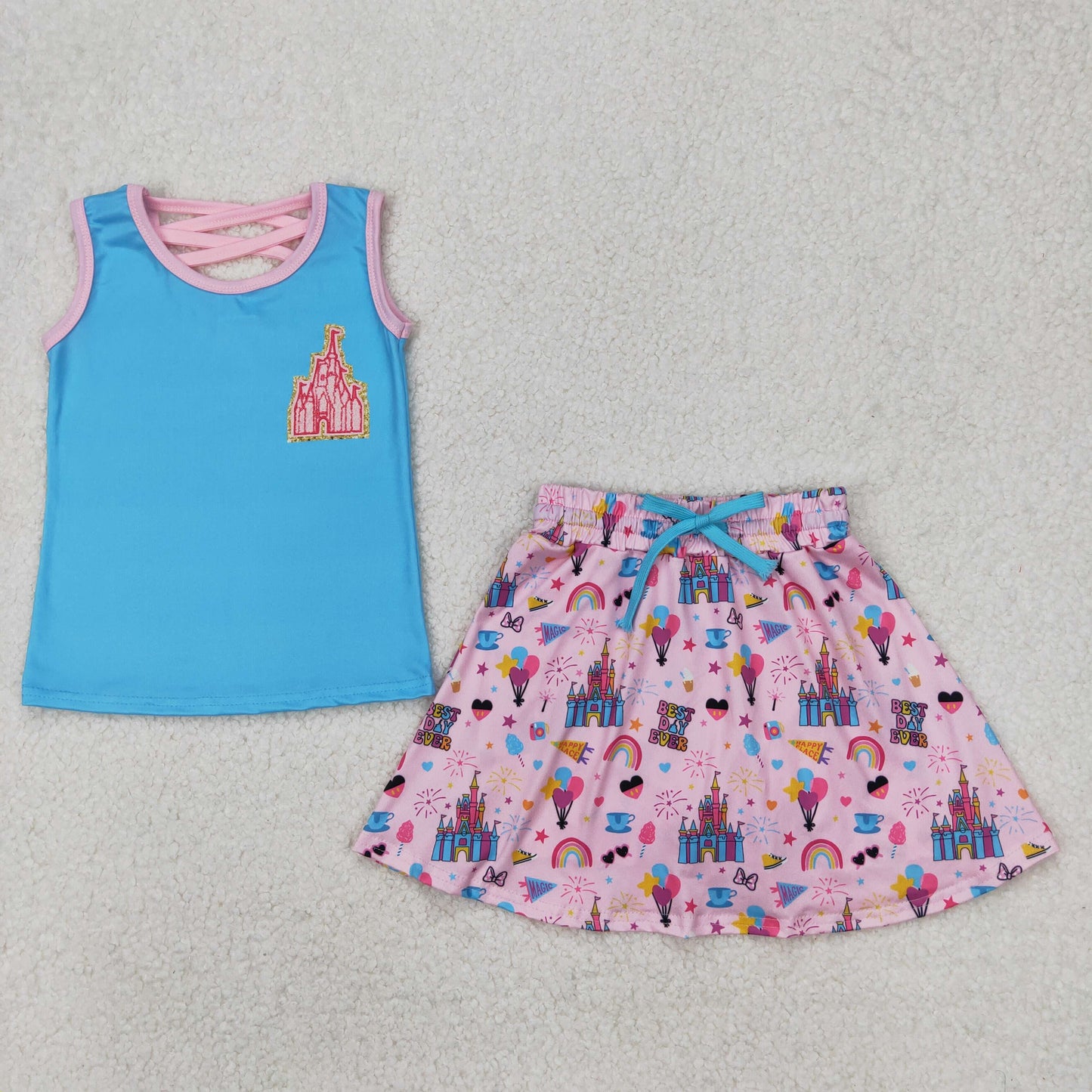 GSD2072 cartoon princess castle blue sleeveless pink skirt girls set