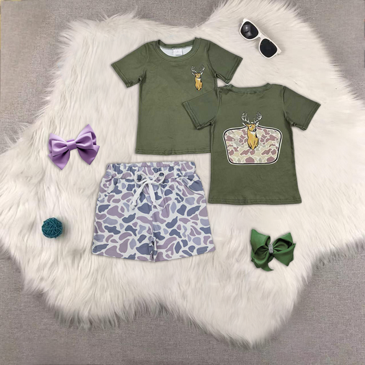 hunting camo deer green short sleeve grey camo shorts boys set