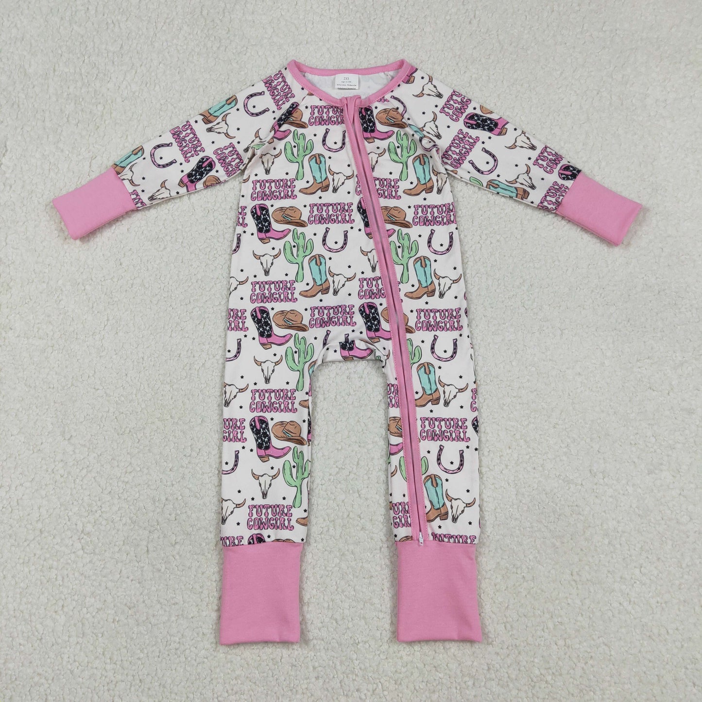 LR2945 Western Boots Hat Cactus Pink Long Sleeve Boys Romper