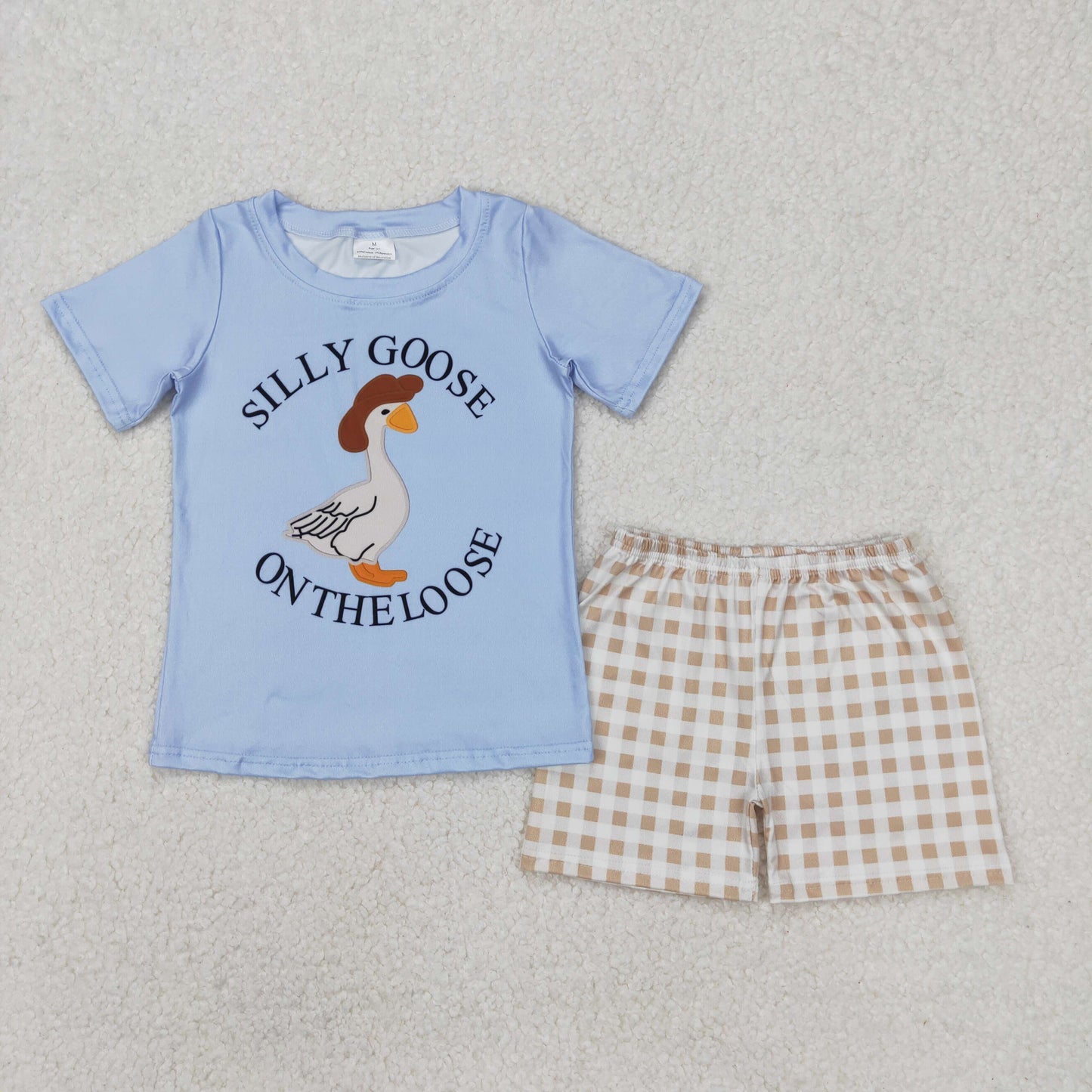 BSSO1305 cute goose blue short sleeve khaki checkered shorts boys set