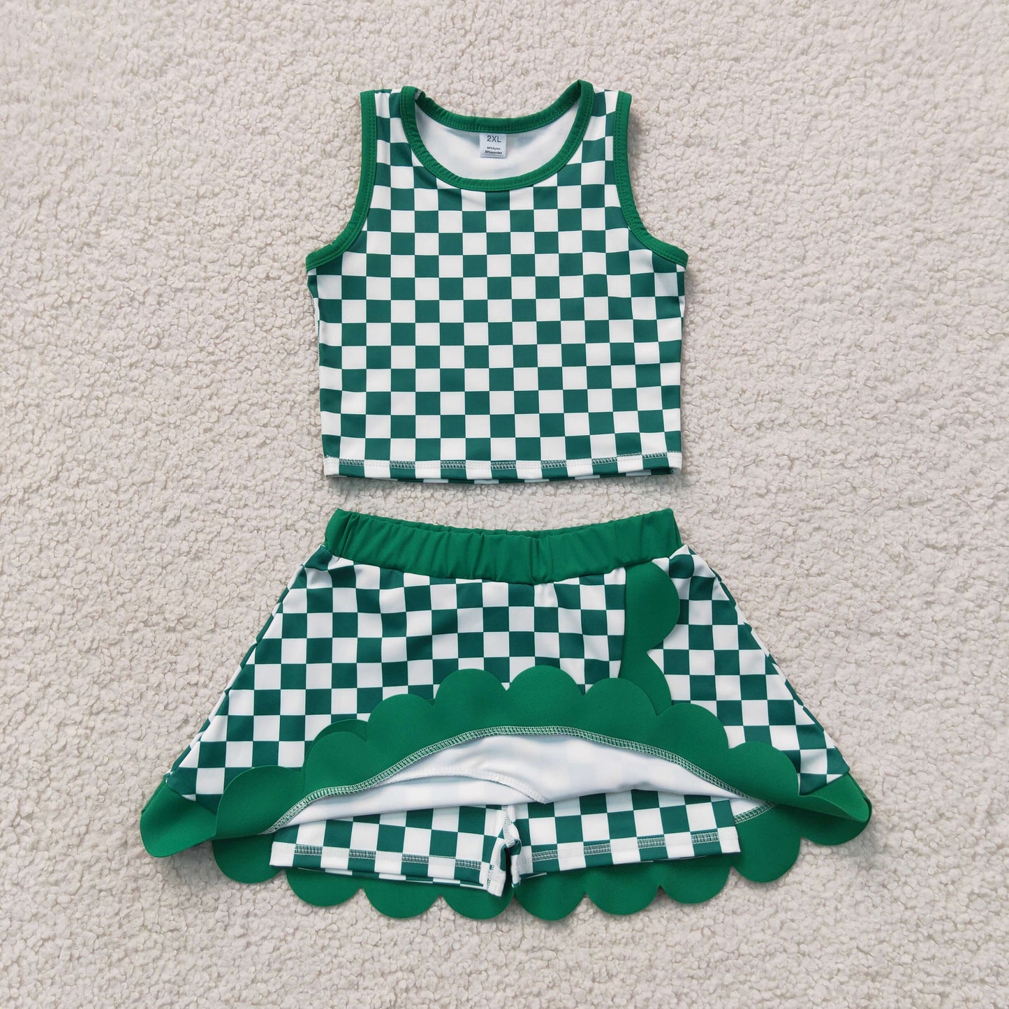 GSD4178 Yoga Green Checkered Sleeveless Skorts Girls Set