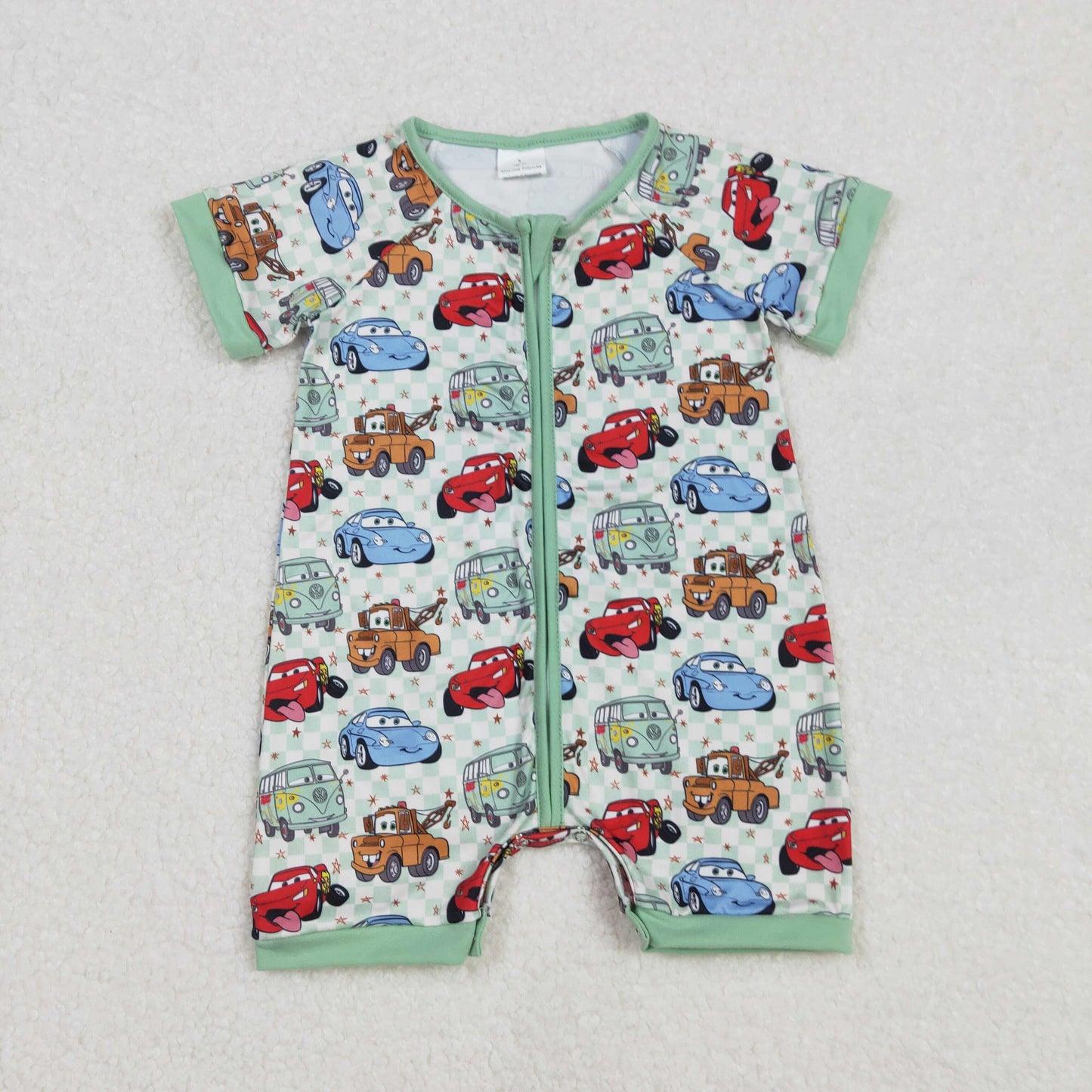 SR2373 Cartoon Car Green Checkered Short Sleeve Zipper Boys Romper