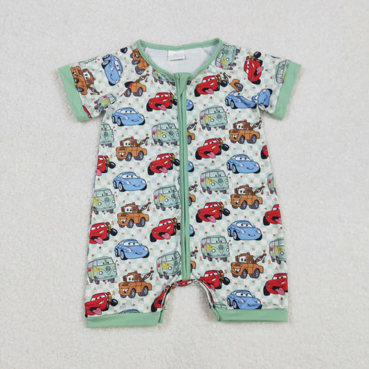 SR2373 Cartoon Car Green Checkered Short Sleeve Zipper Boys Romper