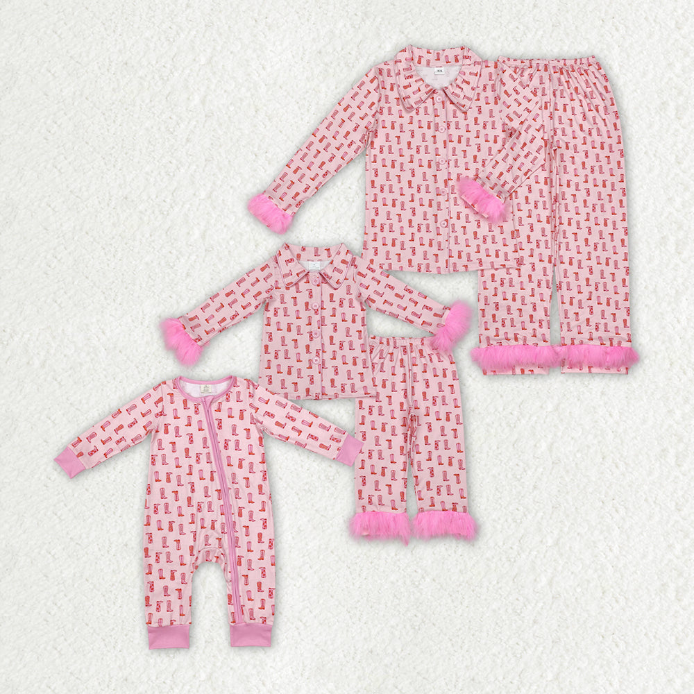 Western boot pink style fur family pajamas RTS sibling clothes