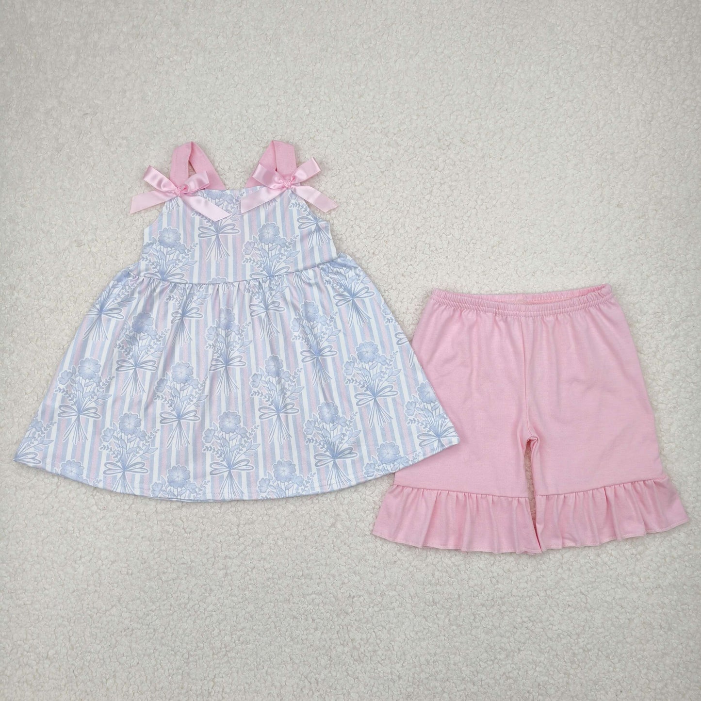 GSSO2429 blue flowers blue striped camisole pink shorts girls set