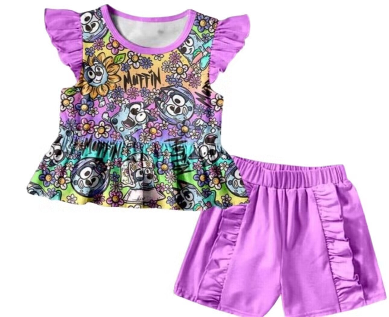 custom cartoon blue dog flowers flutter sleeve purple shorts girls set