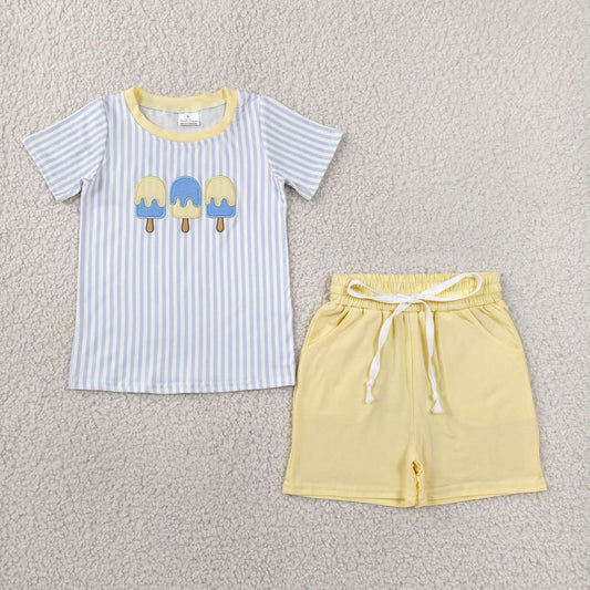 Embroidery BSSO1975 Cartoon Ice Blue Striped Short Sleeve Shorts Boys Set