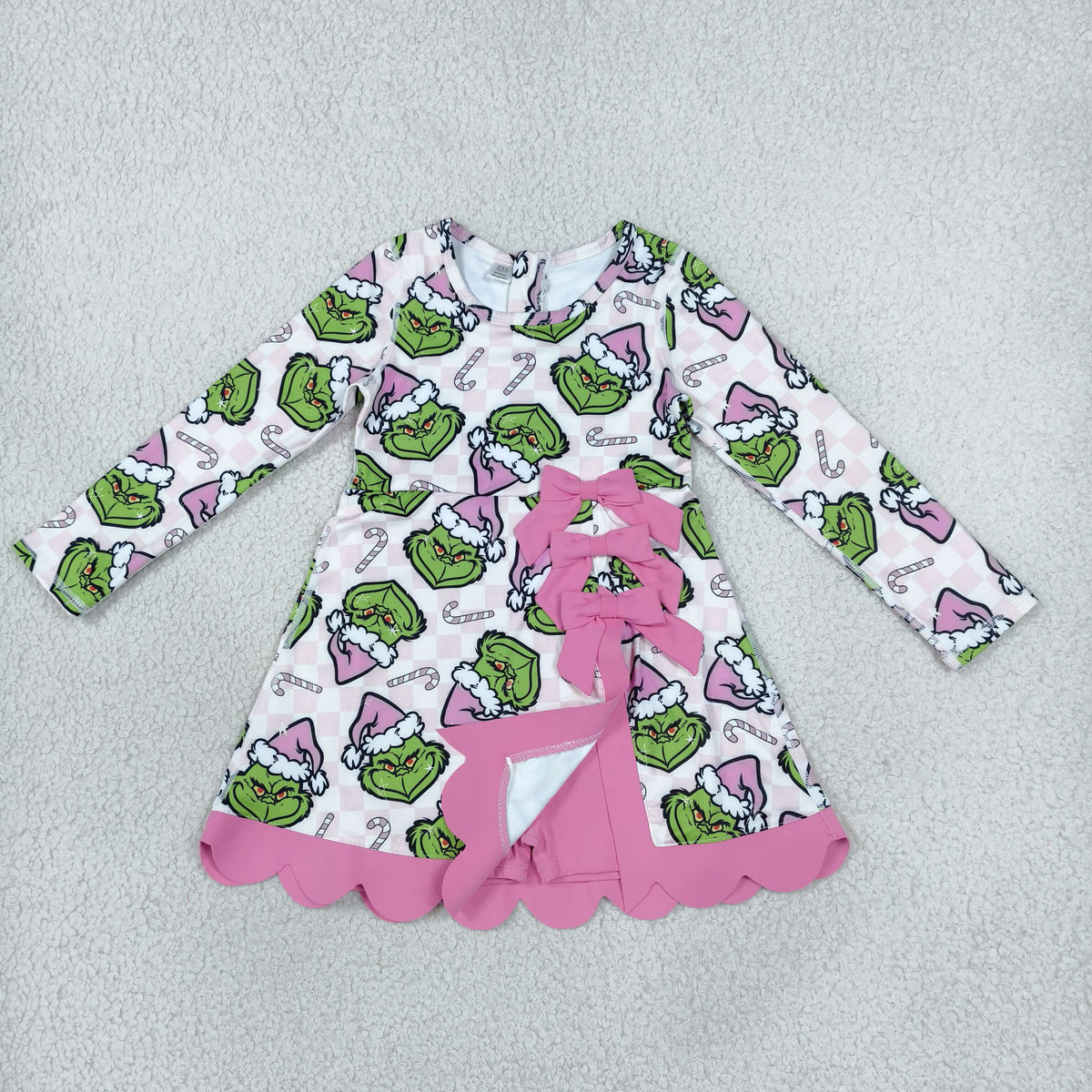 GLD1651 Yoga Christmas Green Face Bows Pink Long Sleeve Girls Dress
