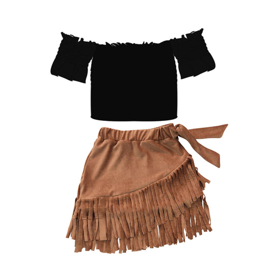 preorder GSD0504 Black straight shoulder short sleeve brown tassels skirt girls set