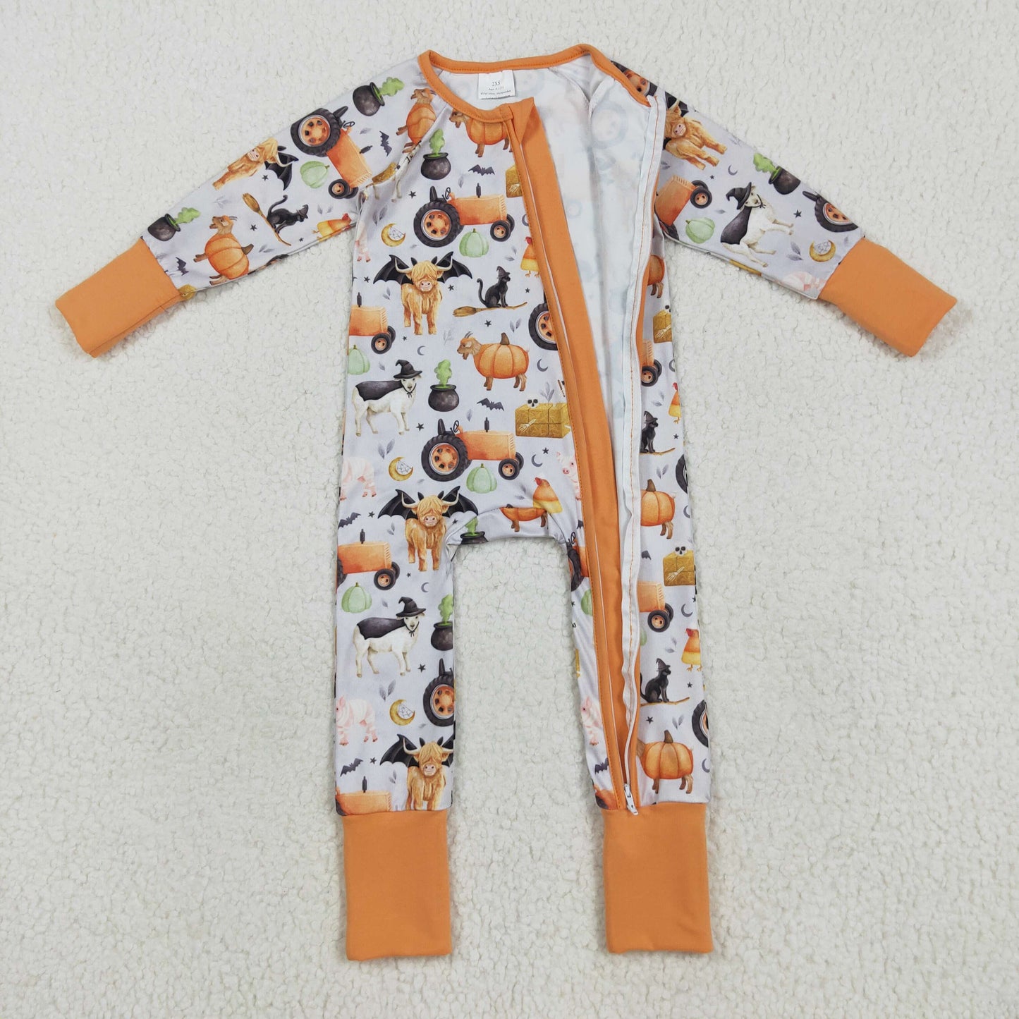 Custom moq 20 bamboo Halloween pumpkin cow tractor animals farm orange zipper long sleeve boys romper