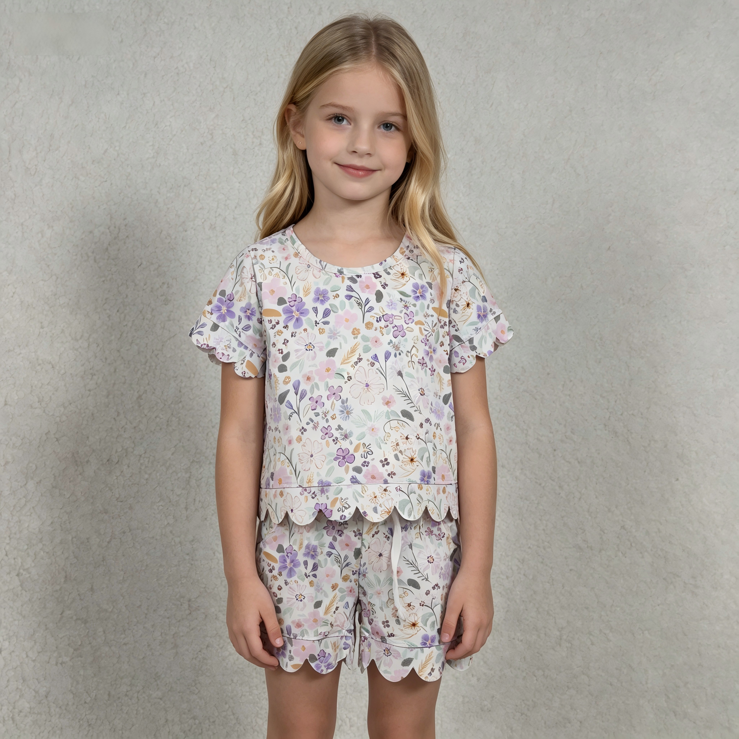 GSSO3267 Scallop Flowers Purple Short Sleeve Shorts Girls Set