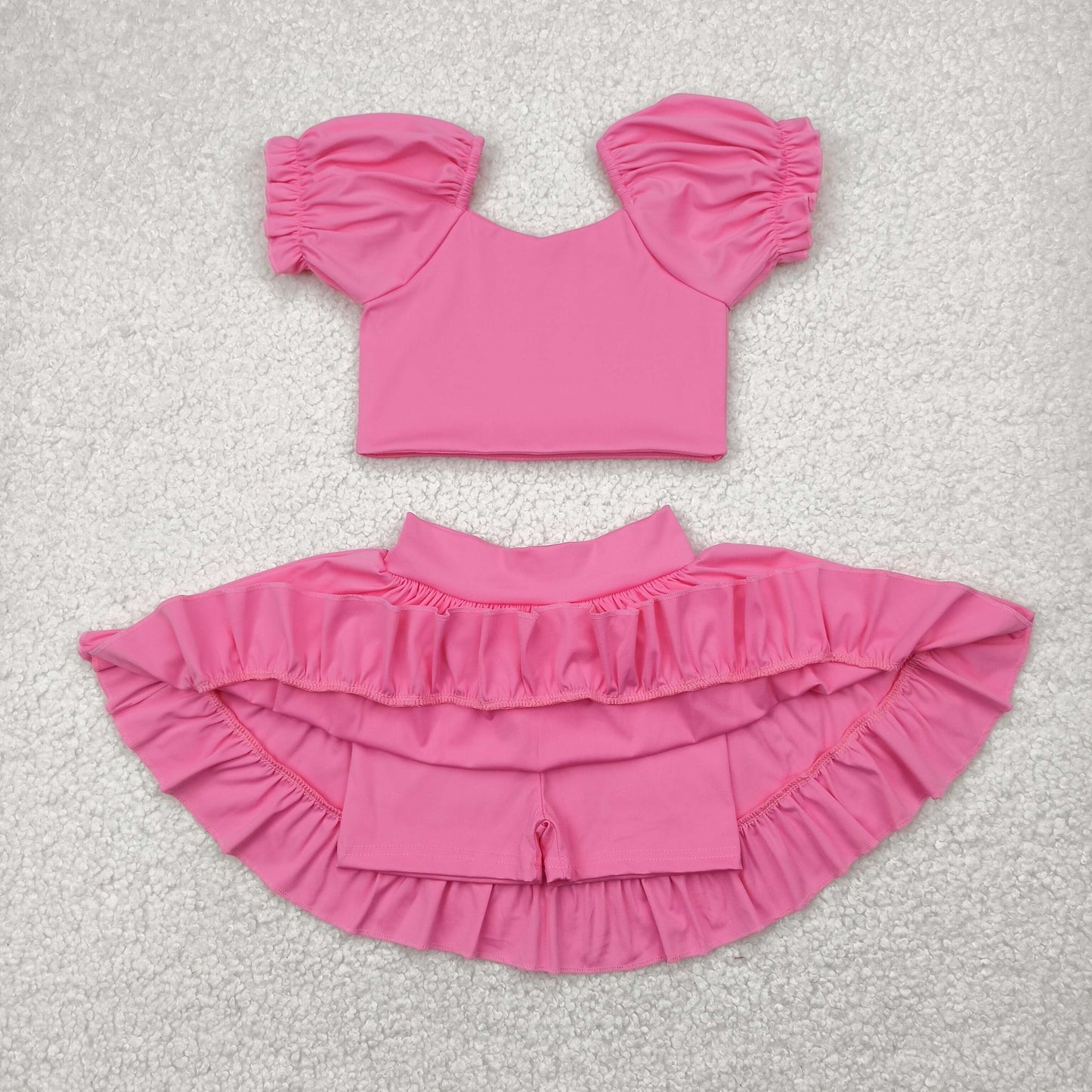 GSD2102 yoga pink short sleeve skirt with shorts girls set