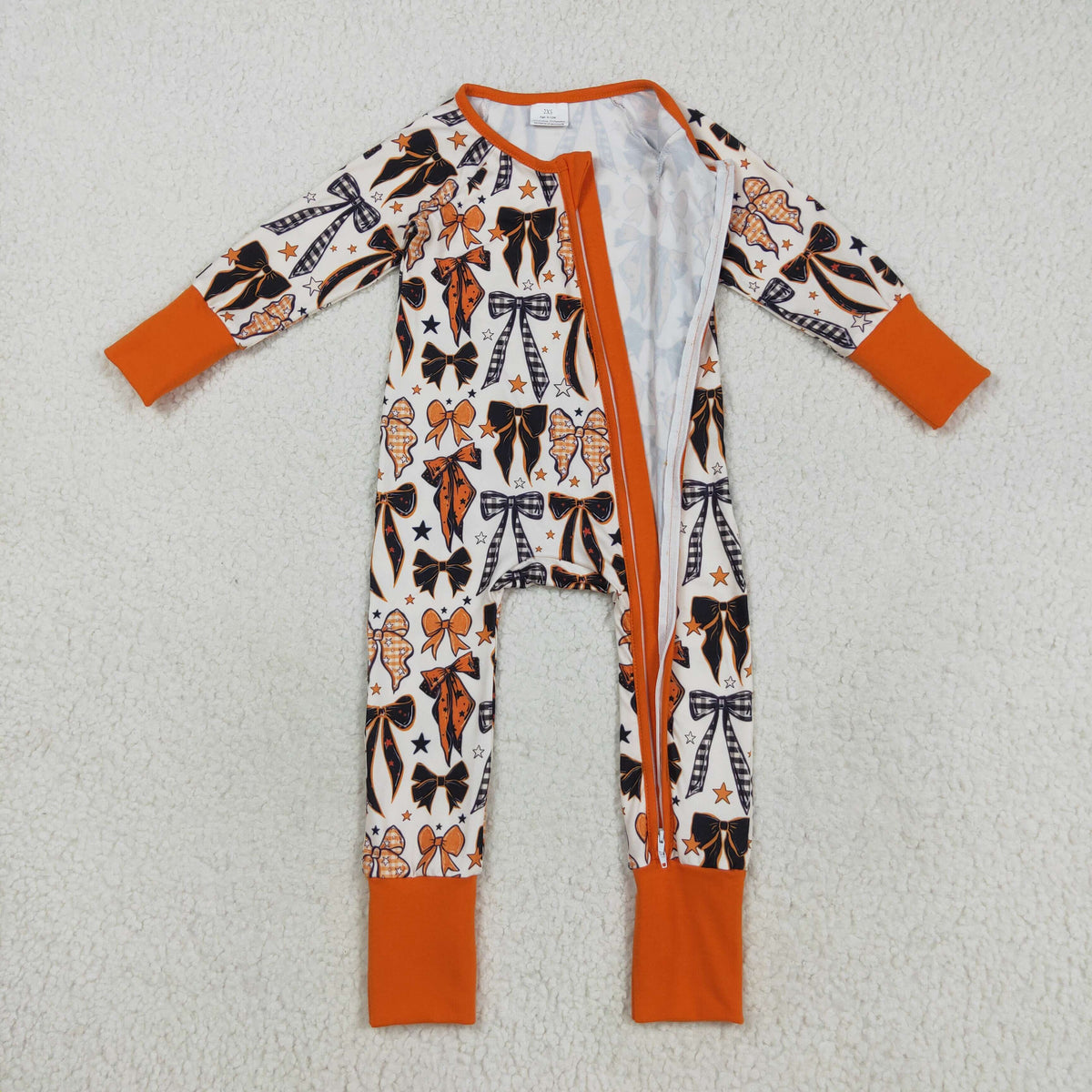 LR2409 Halloween black orange bows long sleeve zipper girls romper