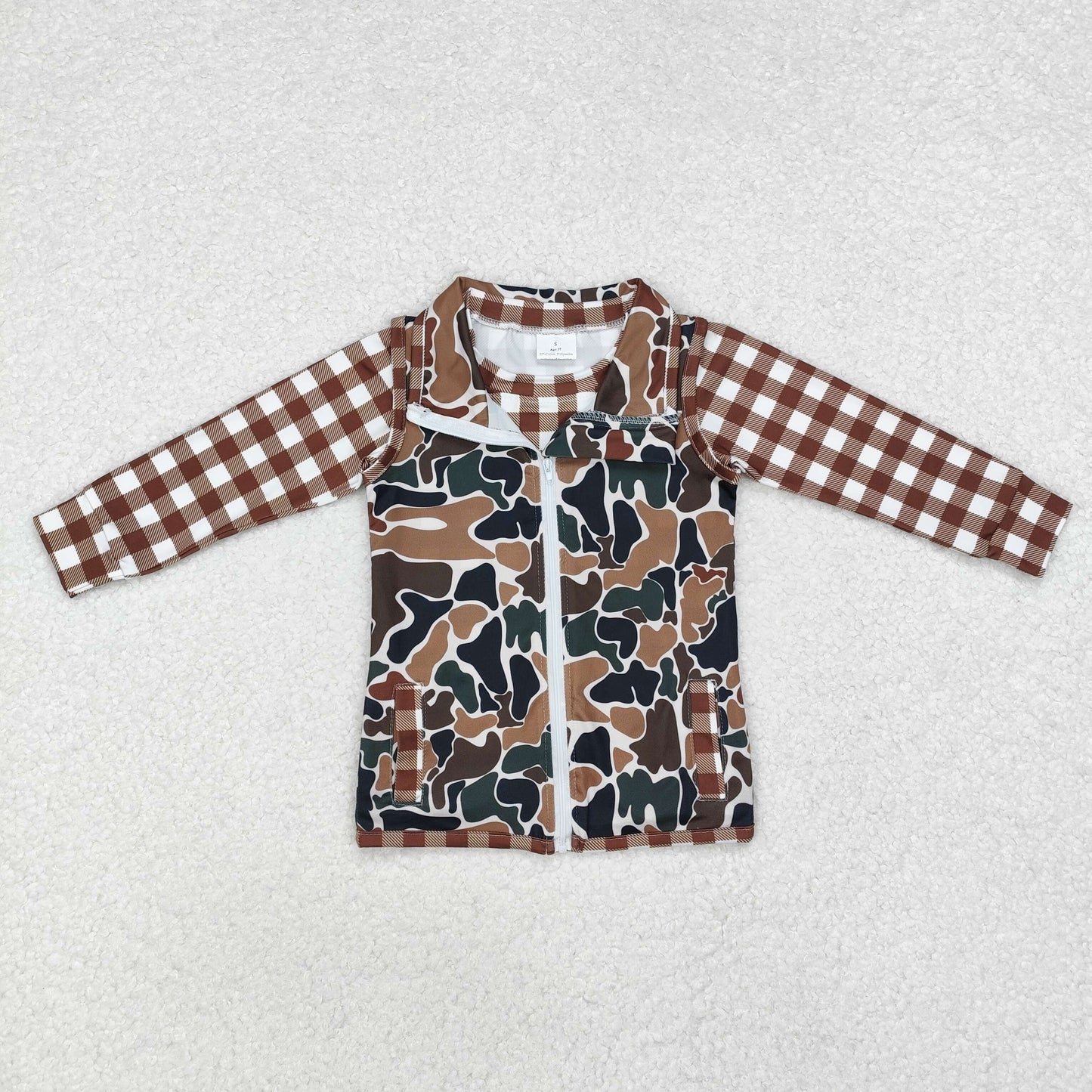 BT0857 brown checkered long sleeve camo sleeveless zipper boys coat 2pcs