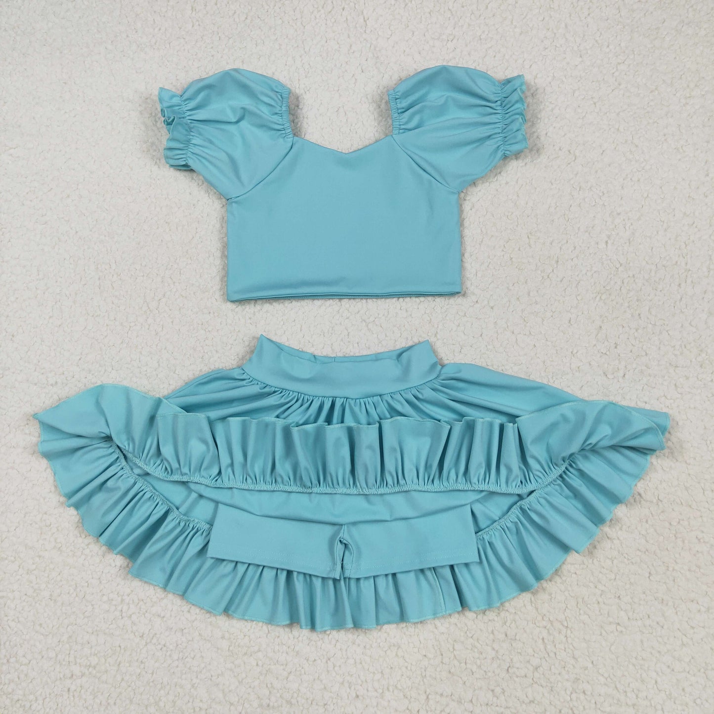 GSD2101 yoga blue sleeve skirt with shorts girls set
