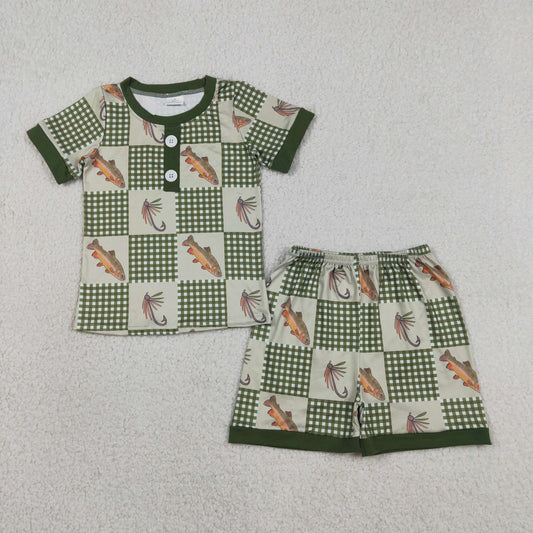 BSSO1817 Fishing Green Short Sleeve Shorts Boys Set
