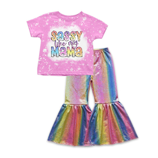 Preorder Sassy Like My Mama Hot Pink Short Sleeve Rainbow Disco Pants Girls Set