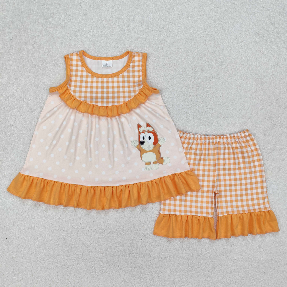 GSSO2123 cartoon orange dog checekred sleeveless checekred shorts girls set