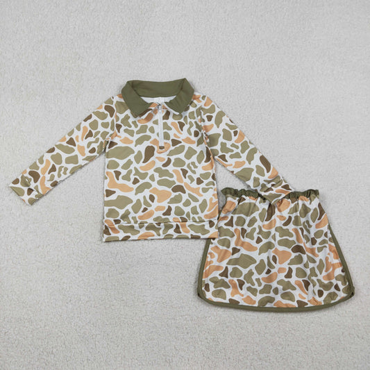 GLD1545 Hunting Camo Zipper Long Sleeve Skorts Girls Set