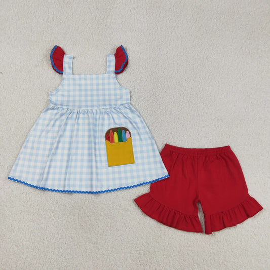 Embroidery GSSO3101 Back To School Pen Flutter Sleeve Red Shorts Girls Set