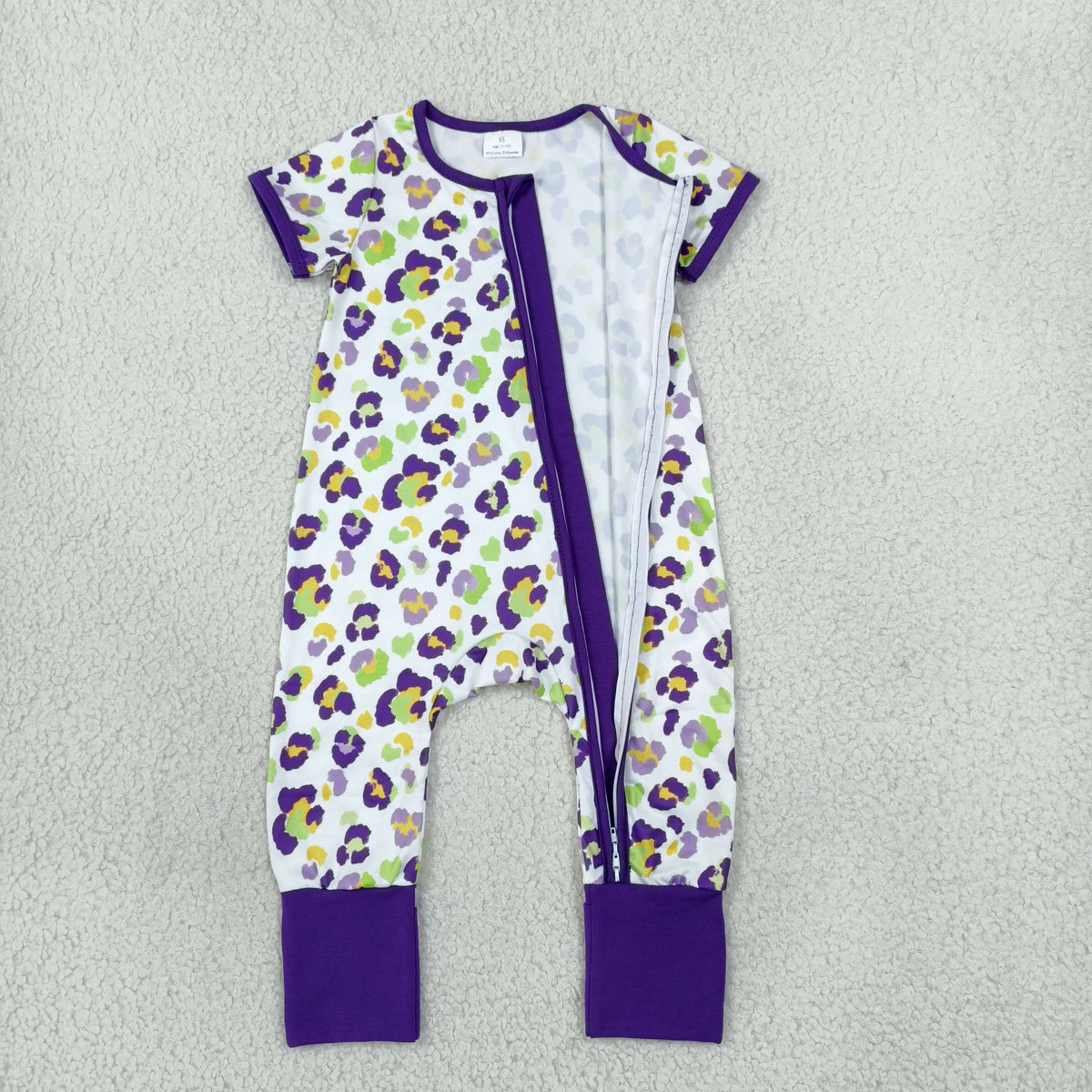 SR4312 Mardi Gras Leopard Purple Zipper Short Sleeve Girls Romper