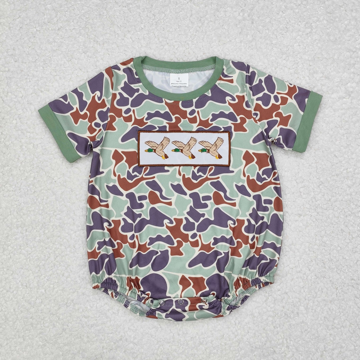 embroidery SR2011 hunting camo mallard duck green short sleeve boys romper