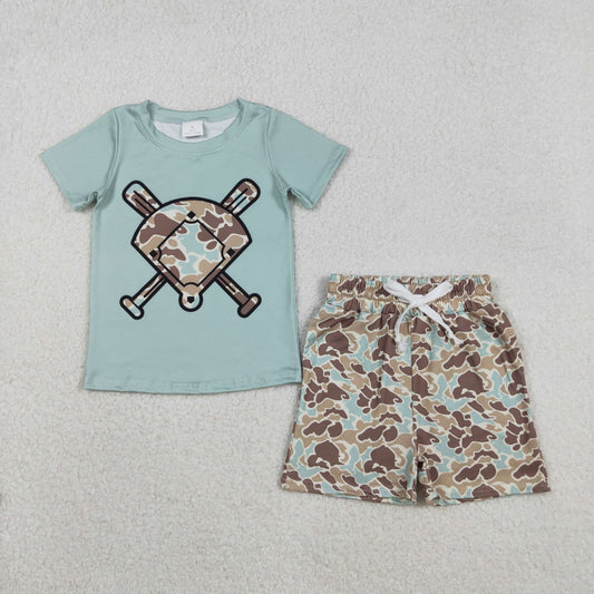 BSSO1590 hunting baseball camo short sleeve camo shorts boys set